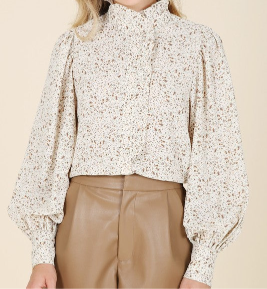 Stand collar floral frill blouse